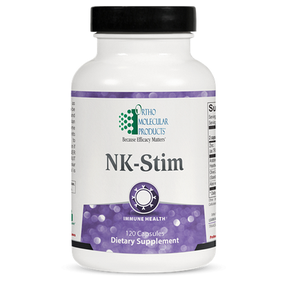 A bottle of OrthoMolecular Products NK-Stim dietary supplement with 120 capsules, labeled for immune health.