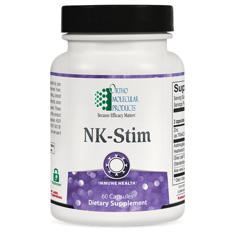 A bottle of OrthoMolecular Products NK-Stim dietary supplement with 60 capsules, labeled for immune health.