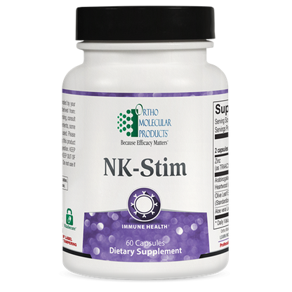 A bottle of OrthoMolecular Products NK-Stim dietary supplement with 60 capsules, labeled for immune health.