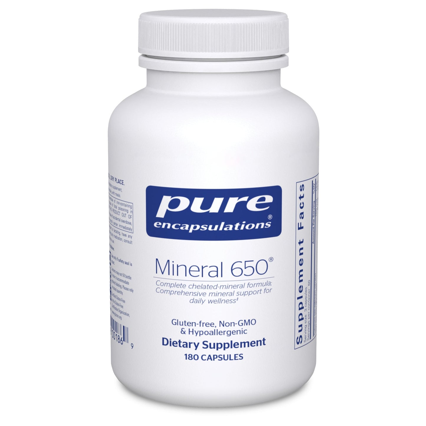 A bottle of Pure Encapsulations Mineral 650 dietary supplement with 180 capsules.
