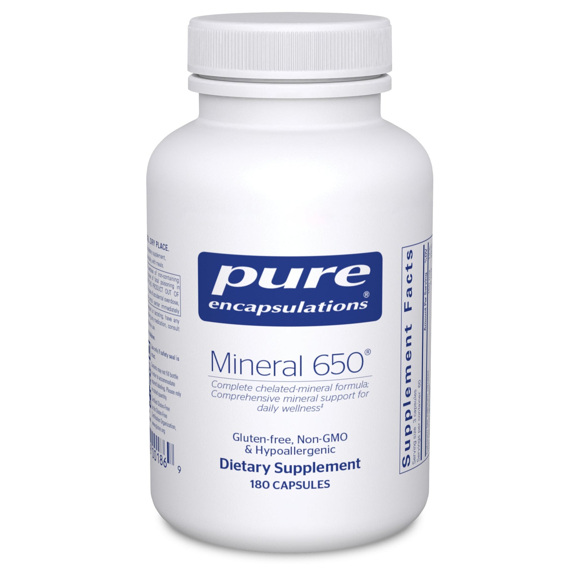 A bottle of Pure Encapsulations Mineral 650 dietary supplement with 180 capsules.