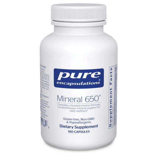 A bottle of Pure Encapsulations Mineral 650 dietary supplement with 180 capsules.