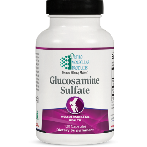 Bottle of Ortho Molecular Glucosamine Sulfate dietary supplement on a white background