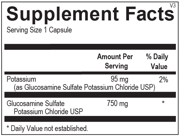 Supplement facts label with potassium and glucosamine sulfate content on a white background