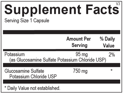 Supplement facts label with potassium and glucosamine sulfate content on a white background