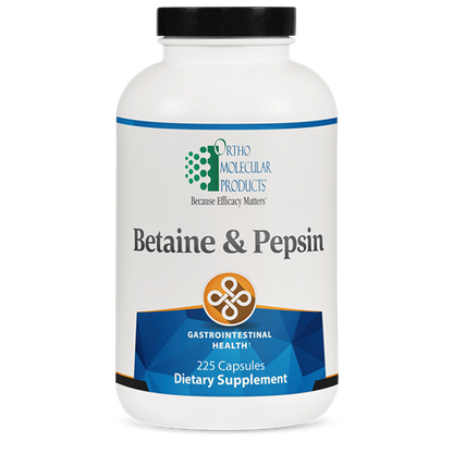 A bottle of OrthoMolecular Products Betaine & Pepsin dietary supplement with 225 capsules, labeled for gastrointestinal health.