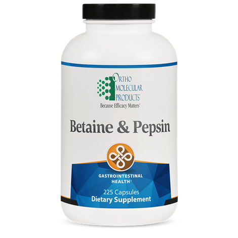 A bottle of OrthoMolecular Products Betaine & Pepsin dietary supplement with 225 capsules, labeled for gastrointestinal health.