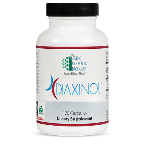 A bottle of OrthoMolecular Products Diaxinol dietary supplement with 120 capsules, primarily white and red in color.