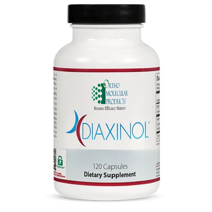 A bottle of OrthoMolecular Products Diaxinol dietary supplement with 120 capsules, primarily white and red in color.