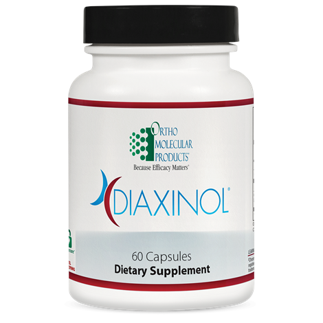 A bottle of OrthoMolecular Products Diaxinol dietary supplement with 60 capsules, primarily white and red in color.