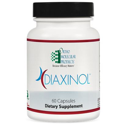 A bottle of OrthoMolecular Products Diaxinol dietary supplement with 60 capsules, primarily white and red in color.