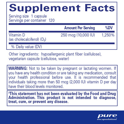 Supplement facts and ingredient information for a bottle of Pure Encapsulations Vitamin D3 supplement 