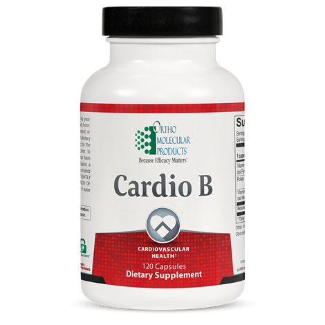 A bottle of Orthomolecular Products Cardio B dietary supplement with 120 capsules, primarily white in color with red and green accents on the label.