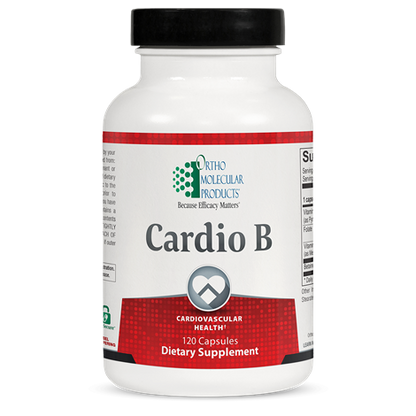 A bottle of Orthomolecular Products Cardio B dietary supplement with 120 capsules, primarily white in color with red and green accents on the label.