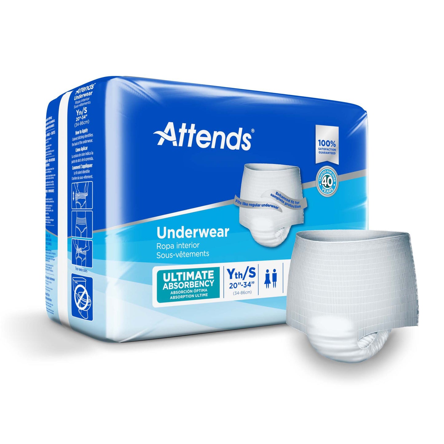 Attends underwear packaging with a sample underwear on a white background