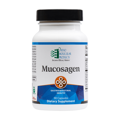 A bottle of Orthomolecular Products Mucosagen dietary supplement with 90 capsules, labeled for gastrointestinal health.