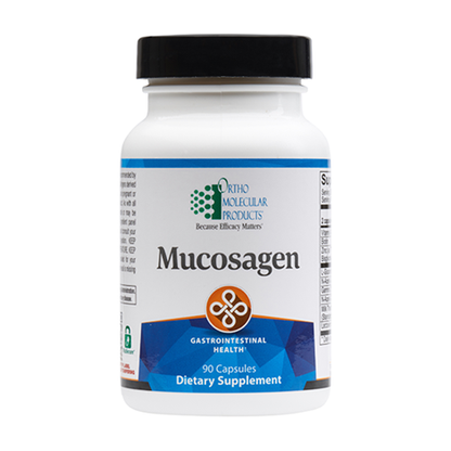 A bottle of Orthomolecular Products Mucosagen dietary supplement with 90 capsules, labeled for gastrointestinal health.