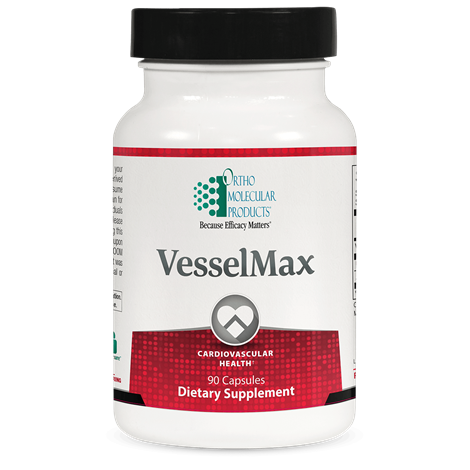 A bottle of Orthomolecular Products VesselMax, which is a dietary supplement for cardiovascular health with 90 capsules inside.