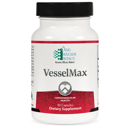 A bottle of Orthomolecular Products VesselMax, which is a dietary supplement for cardiovascular health with 90 capsules inside.