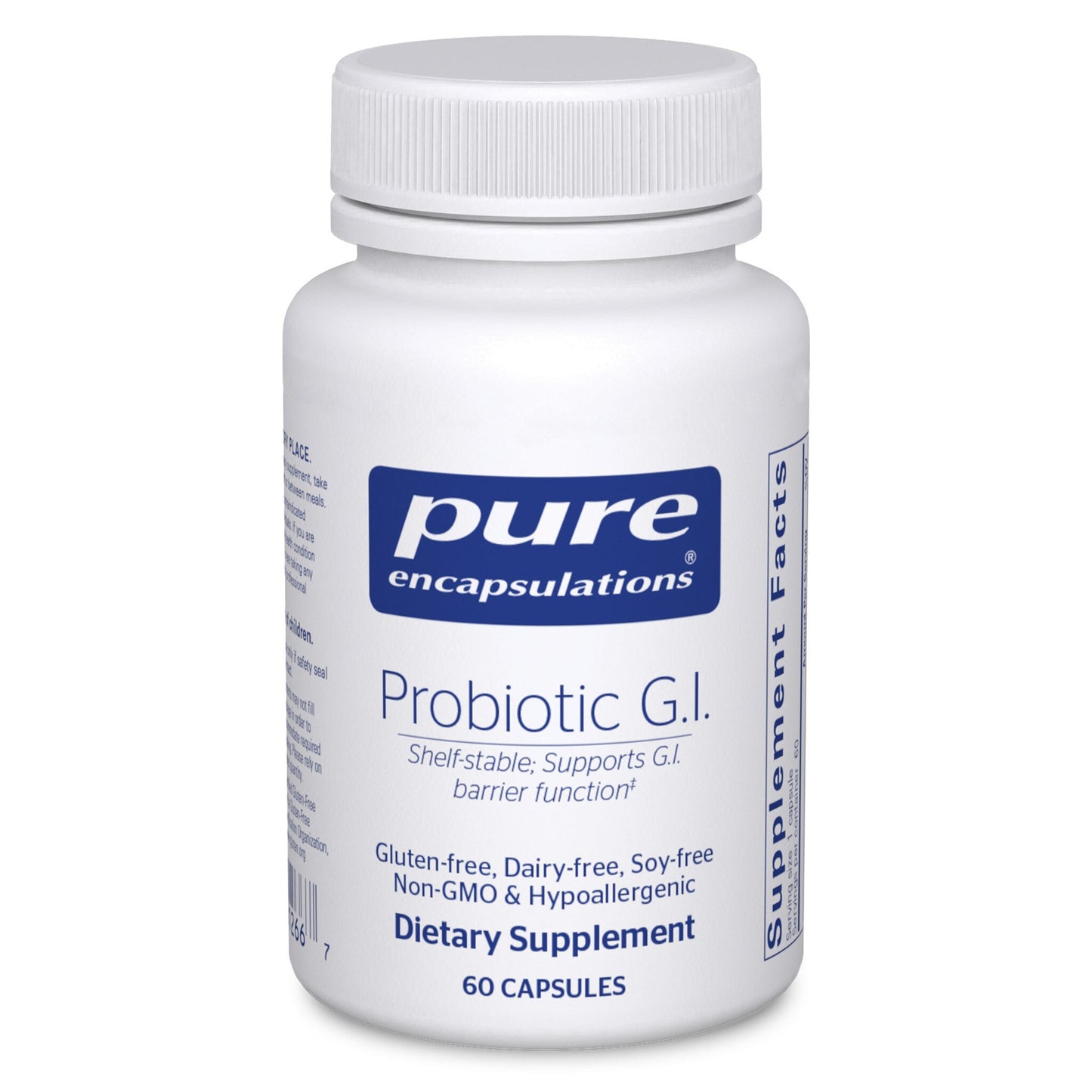 A bottle of Pure Encapsulations Probiotic G.I. dietary supplement with 60 capsules.
