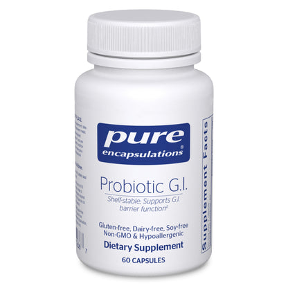A bottle of Pure Encapsulations Probiotic G.I. dietary supplement with 60 capsules.