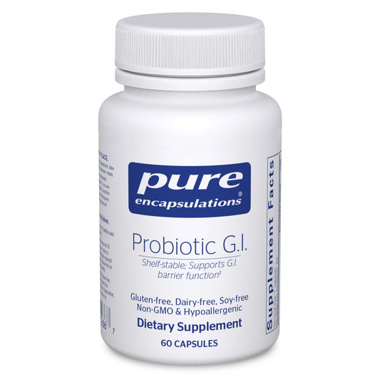 A bottle of Pure Encapsulations Probiotic G.I. dietary supplement with 60 capsules.