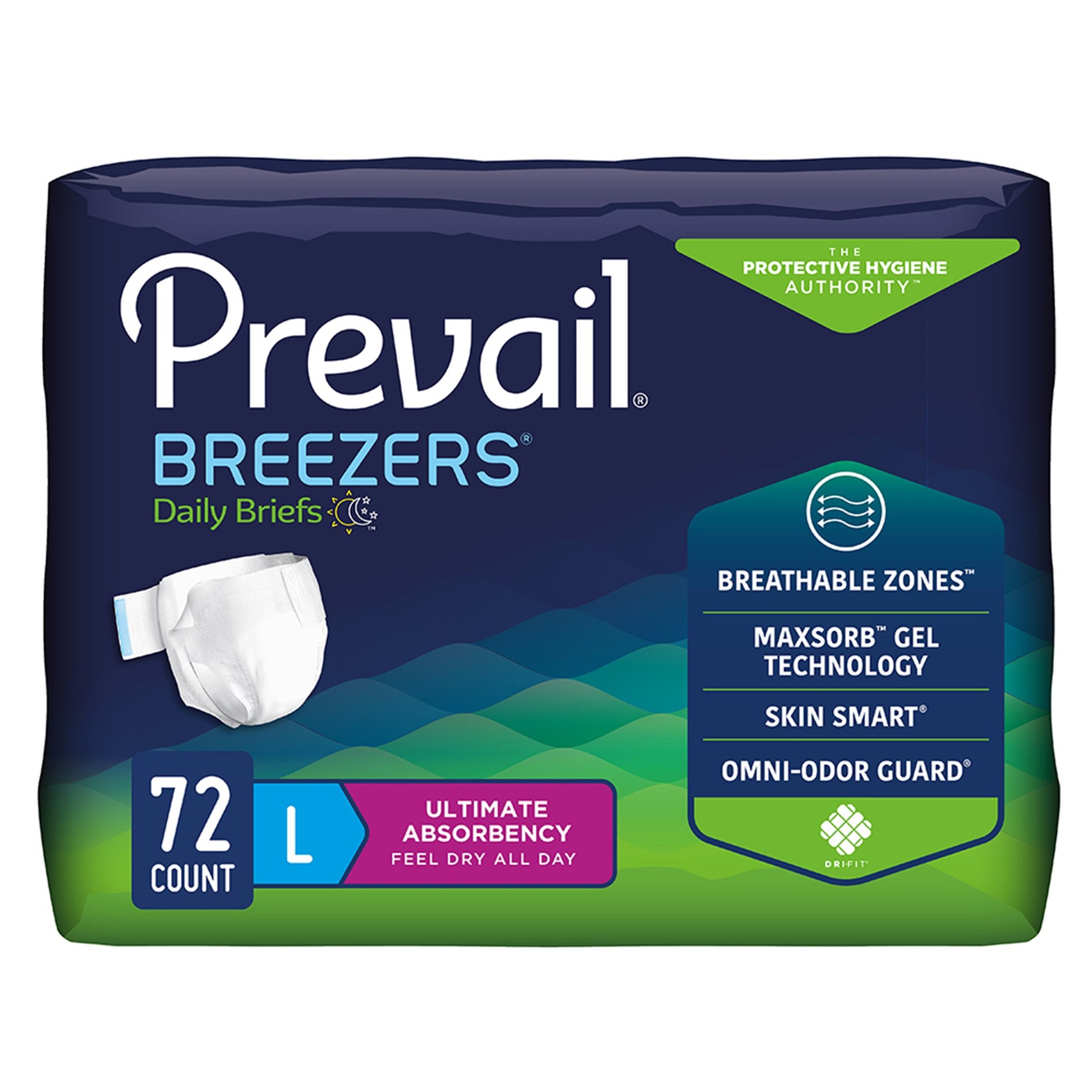 Package of Prevail Breezers Daily Briefs with features highlighted on a white background
