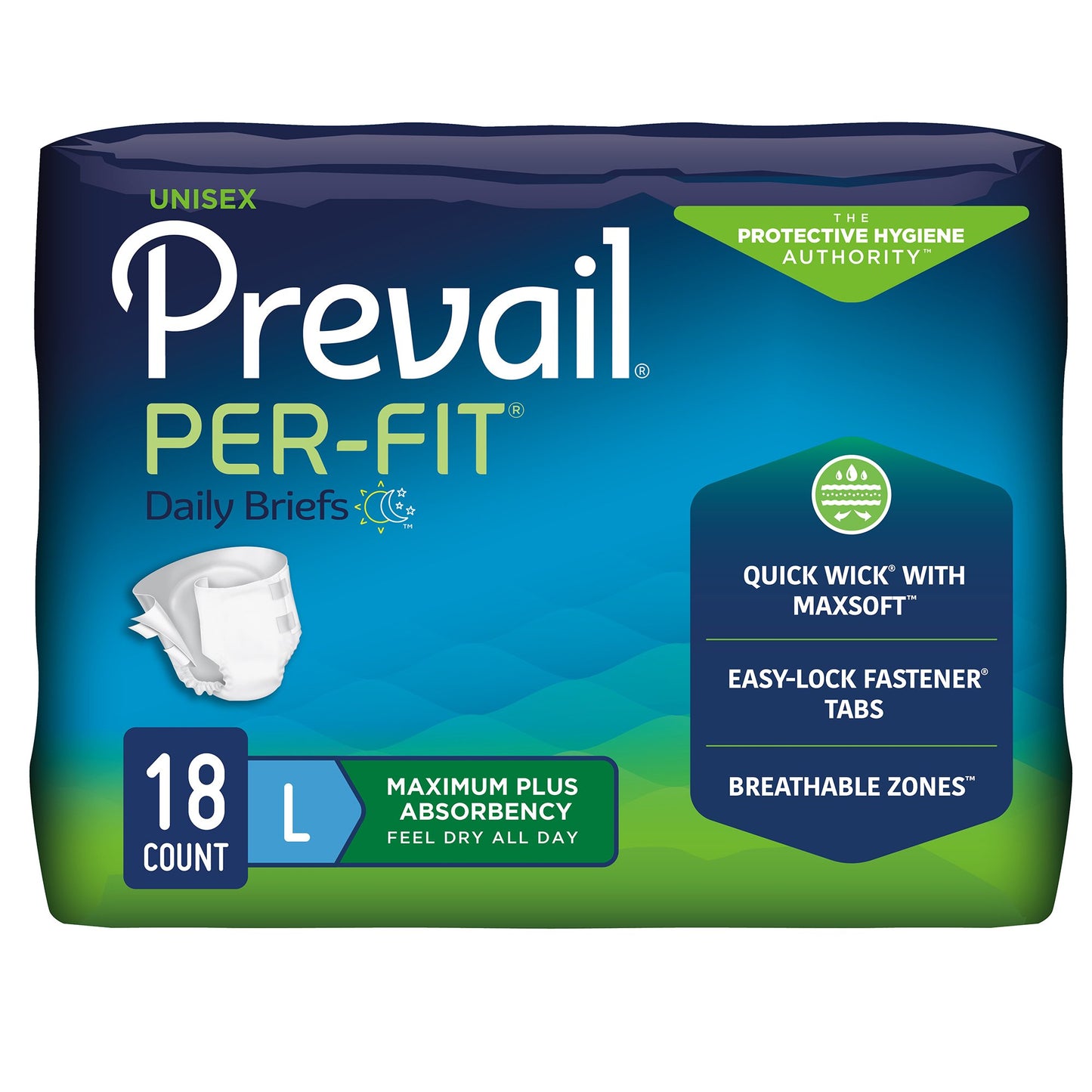 Package of Prevail Per-Fit daily briefs with blue and green design