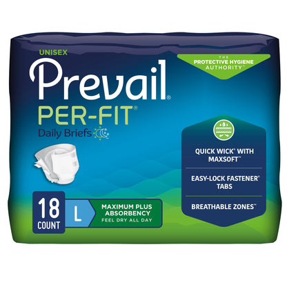 Package of Prevail Per-Fit daily briefs with blue and green design