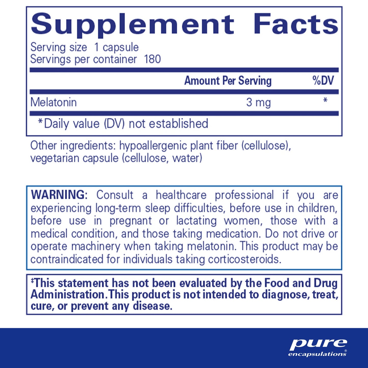 Supplement facts and ingredient information for a  bottle of Pure Encapsulations Melatonin 3 mg dietary supplement 