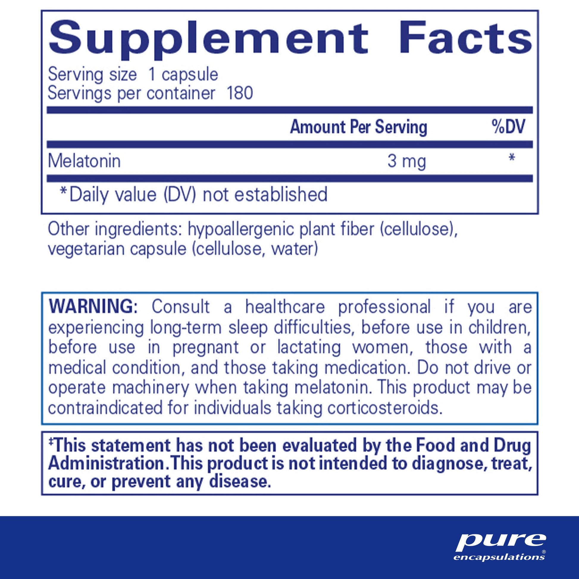Supplement facts and ingredient information for a  bottle of Pure Encapsulations Melatonin 3 mg dietary supplement 