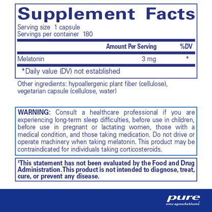 Supplement facts and ingredient information for a  bottle of Pure Encapsulations Melatonin 3 mg dietary supplement 