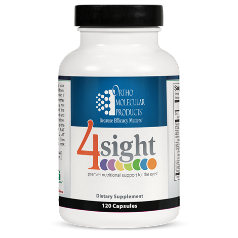 A bottle of Orthomolecular Products 4Sight dietary supplement with 60 capsules, labeled as providing antioxidant support for eyes.
