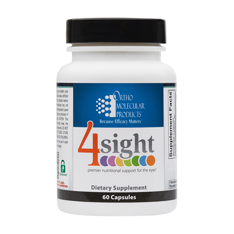 A bottle of Orthomolecular Products 4Sight dietary supplement with 60 capsules, labeled as providing antioxidant support for eyes.