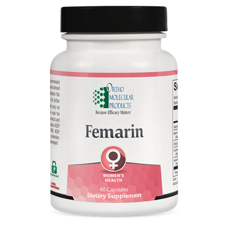 A bottle of OrthoMolecular Products Femarin, a dietary supplement for women's health, with 60 capsules.
