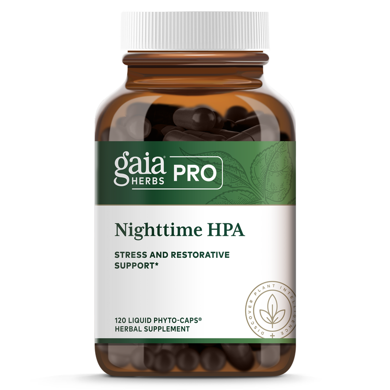 A bottle of Gaia Nighttime HPA, which contains 120 liquid phytocaps. The product is labeled as 'stress and restorative support' and is designed to nourish the adrenals while you rest.