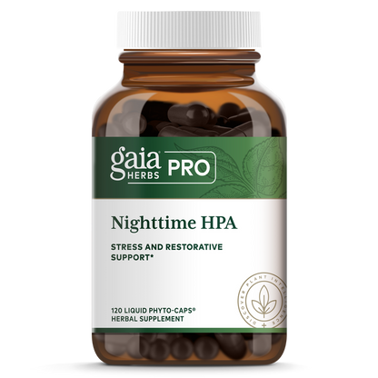 A bottle of Gaia Nighttime HPA, which contains 120 liquid phytocaps. The product is labeled as 'stress and restorative support' and is designed to nourish the adrenals while you rest.