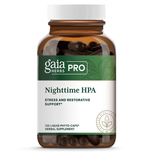A bottle of Gaia Nighttime HPA, which contains 120 liquid phytocaps. The product is labeled as 'stress and restorative support' and is designed to nourish the adrenals while you rest.