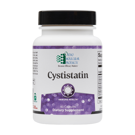 A bottle of Orthomolecular Products Cystistatin, which is a dietary supplement intended to support immune health and urinary tract function.