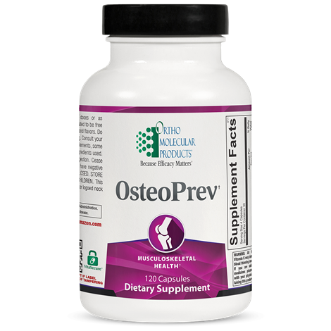A bottle of Orthomolecular Products OsteoPrev dietary supplement, with purple label indicating it contains 120 capsules for musculoskeletal health.