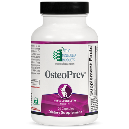 A bottle of Orthomolecular Products OsteoPrev dietary supplement, with purple label indicating it contains 120 capsules for musculoskeletal health.