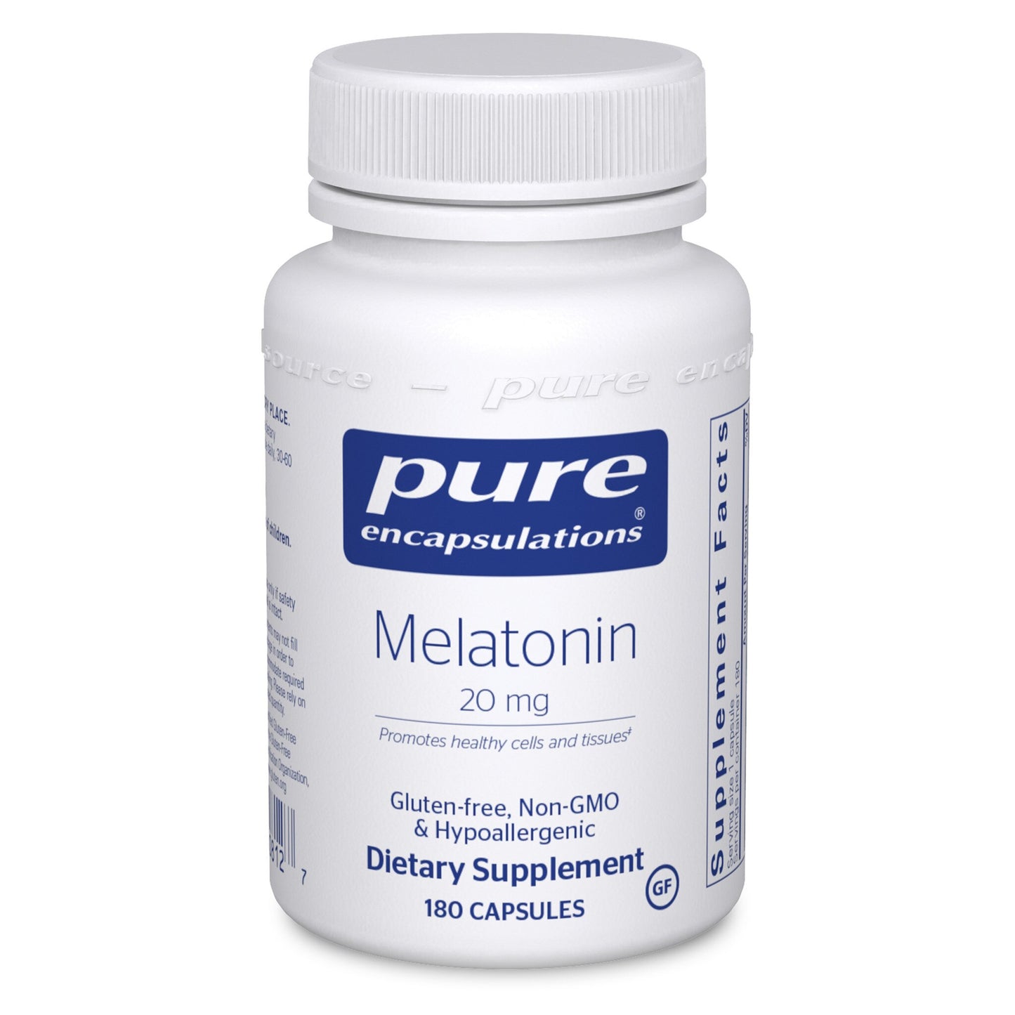 A bottle of Pure Encapsulations Melatonin 20 mg dietary supplement containing 180 capsules.