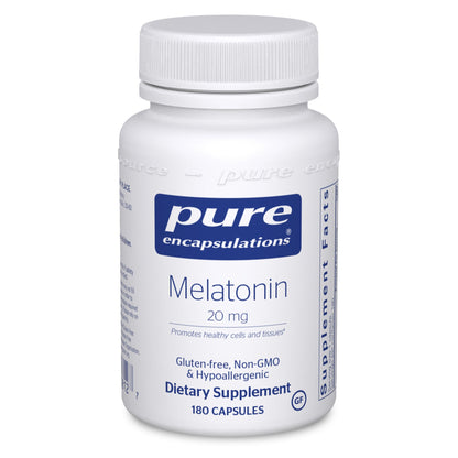 A bottle of Pure Encapsulations Melatonin 20 mg dietary supplement containing 180 capsules.