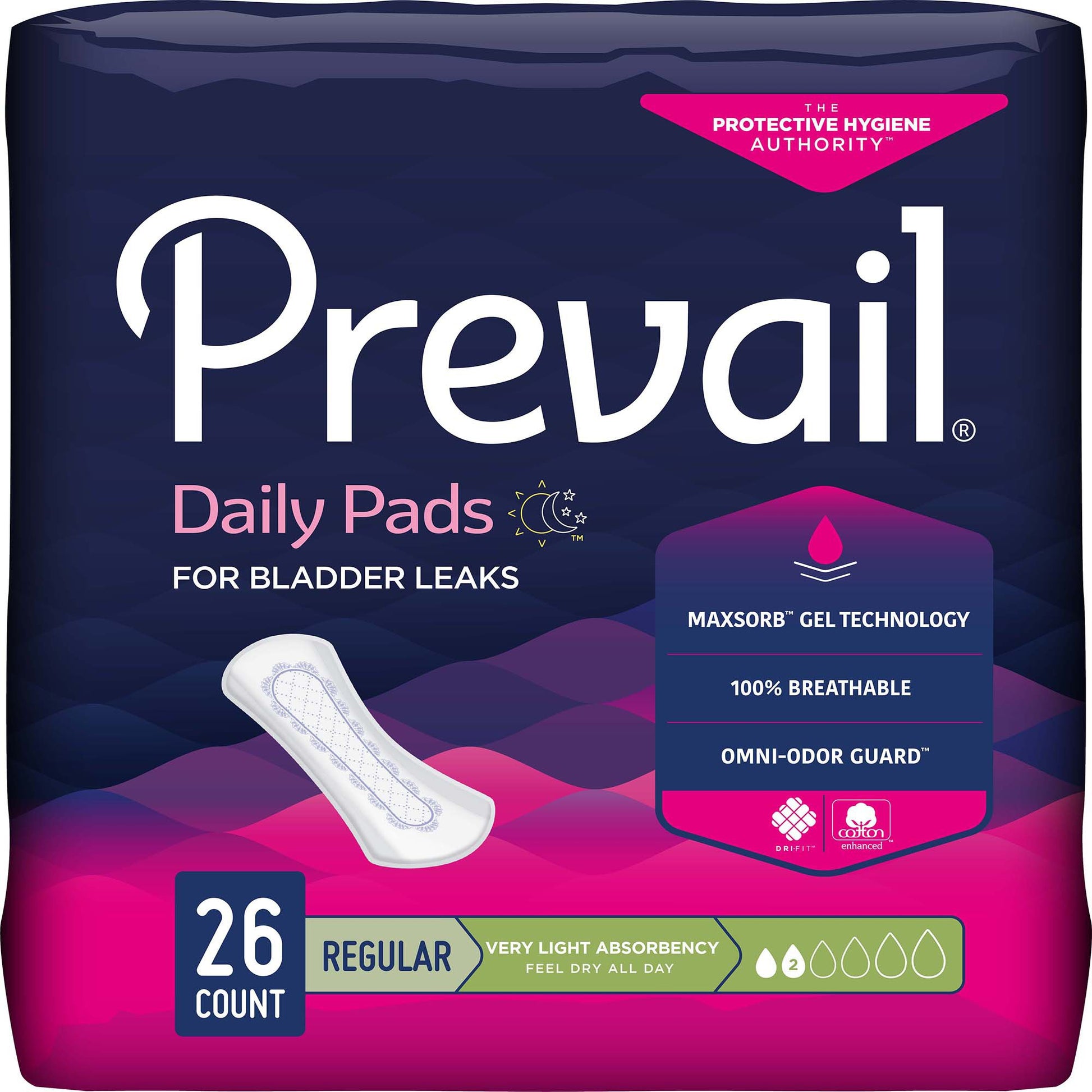 Package of Prevail daily pads for bladder leaks on a dark blue and pink background