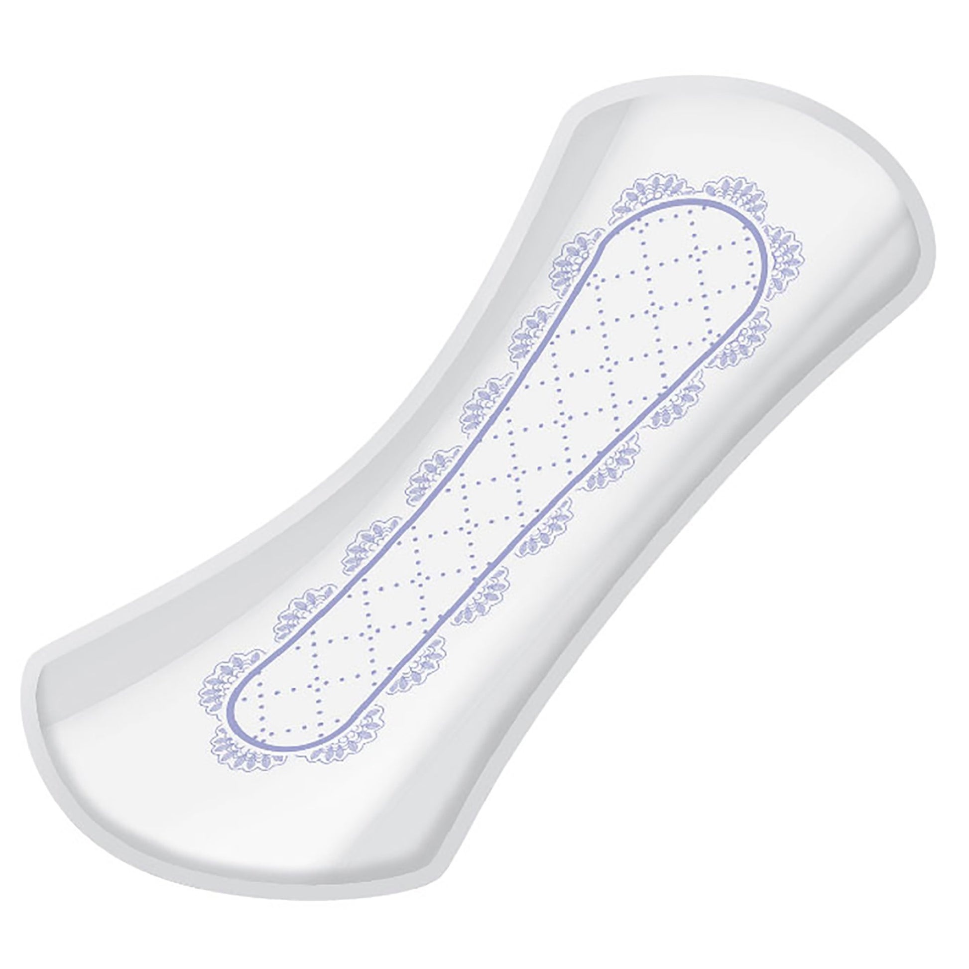 White sanitary pad with decorative blue pattern on a white background