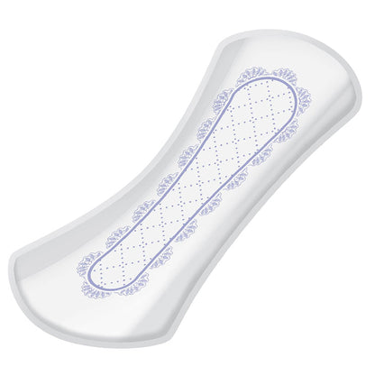 White sanitary pad with decorative blue pattern on a white background