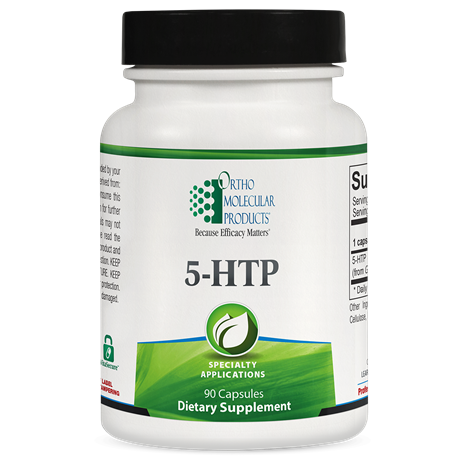 A bottle of OrthoMolecular Products 5-HTP 100mg dietary supplement with 90 capsules.