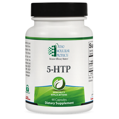 A bottle of OrthoMolecular Products 5-HTP 100mg dietary supplement with 90 capsules.