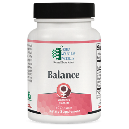 A bottle of OrthoMolecular Products Balance dietary supplement, which is a women's health formula with 60 capsules.