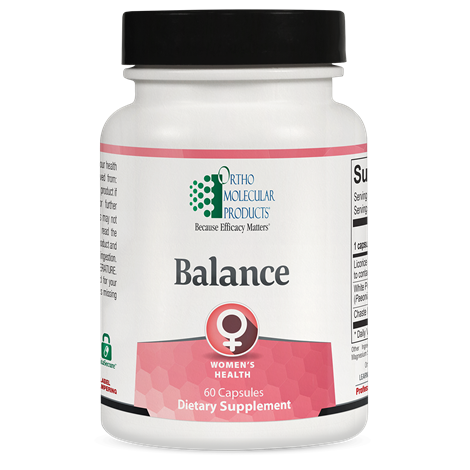A bottle of OrthoMolecular Products Balance dietary supplement, which is a women's health formula with 60 capsules.